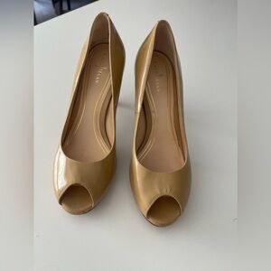 Cole Haan platform peeptoe nude patent heel